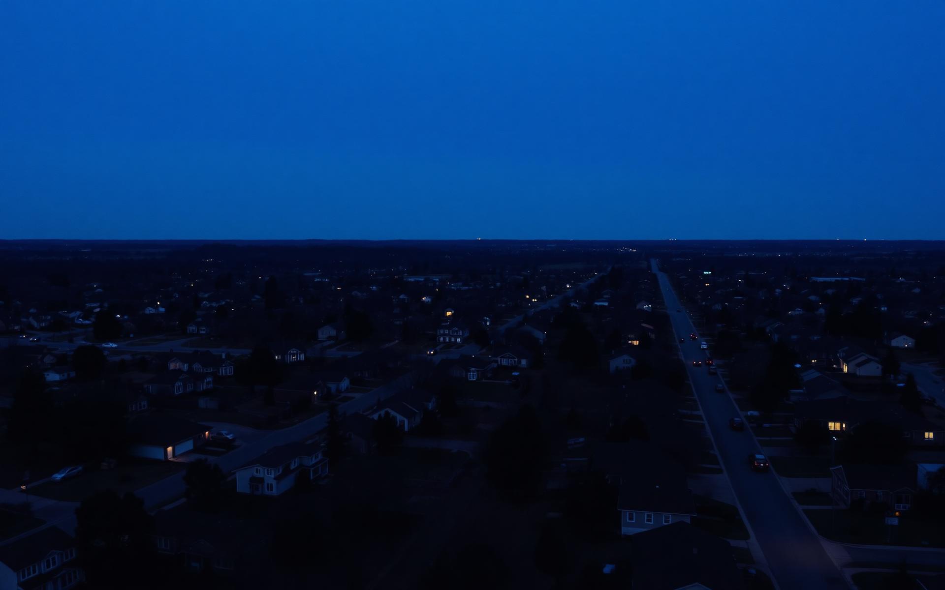 Aerial view of a pre-dawn residential neighborhood