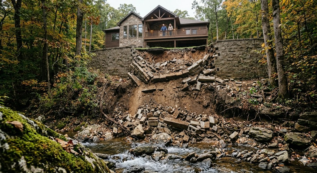 A collapsed residential retaining wall the morning after heavy rain