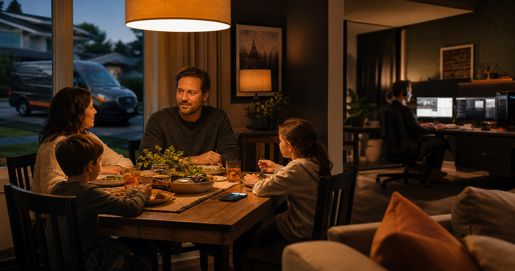 A home-service business owner enjoying dinner with family while the business remains covered