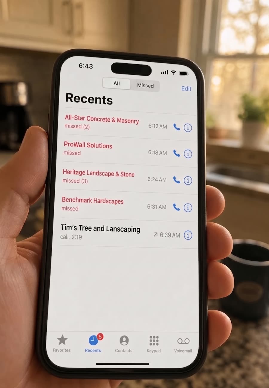 A phone showing the Recents call list — Tim's Tree and Landscaping answered at 6:39, a 2:19 appointment call