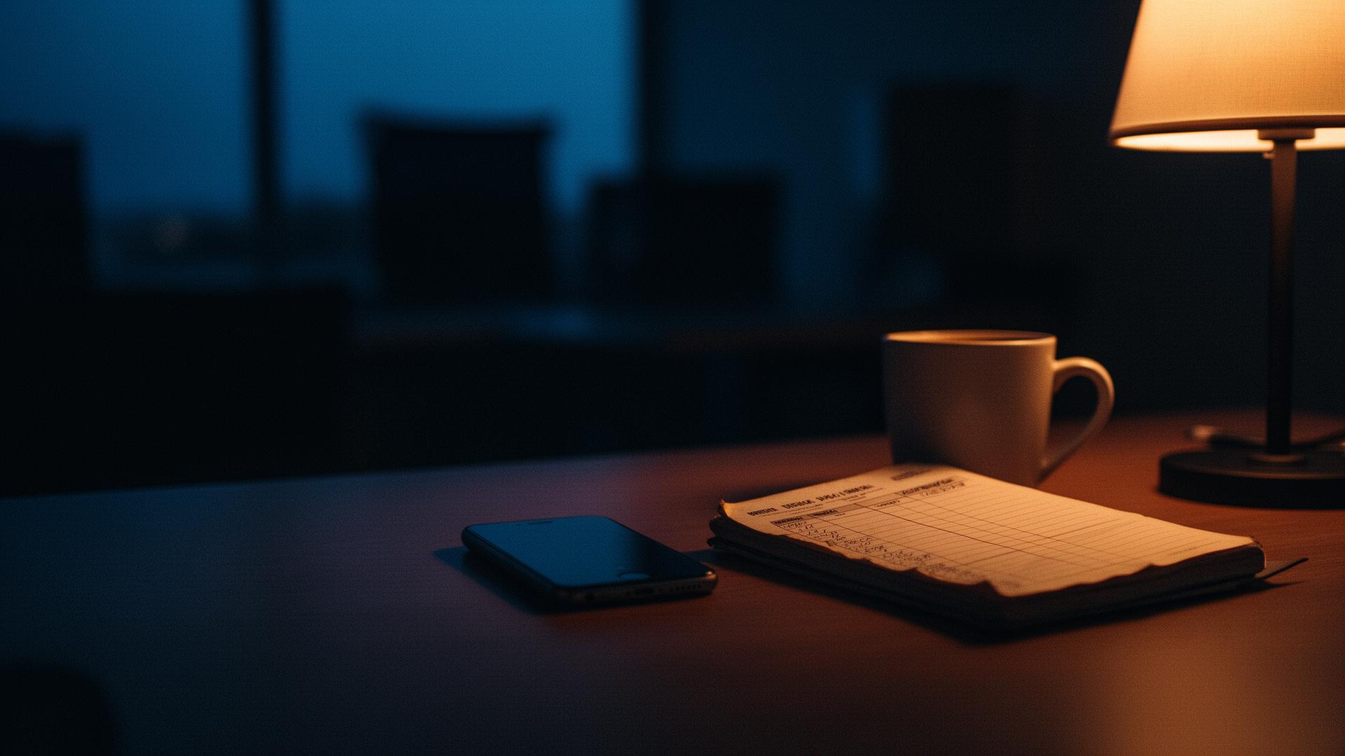 A planner, phone, and cup of hot coffee arranged on a table under lamplight at dusk